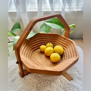 Vintage Collapsible Wooden Geometric Fruit Basket with Handle